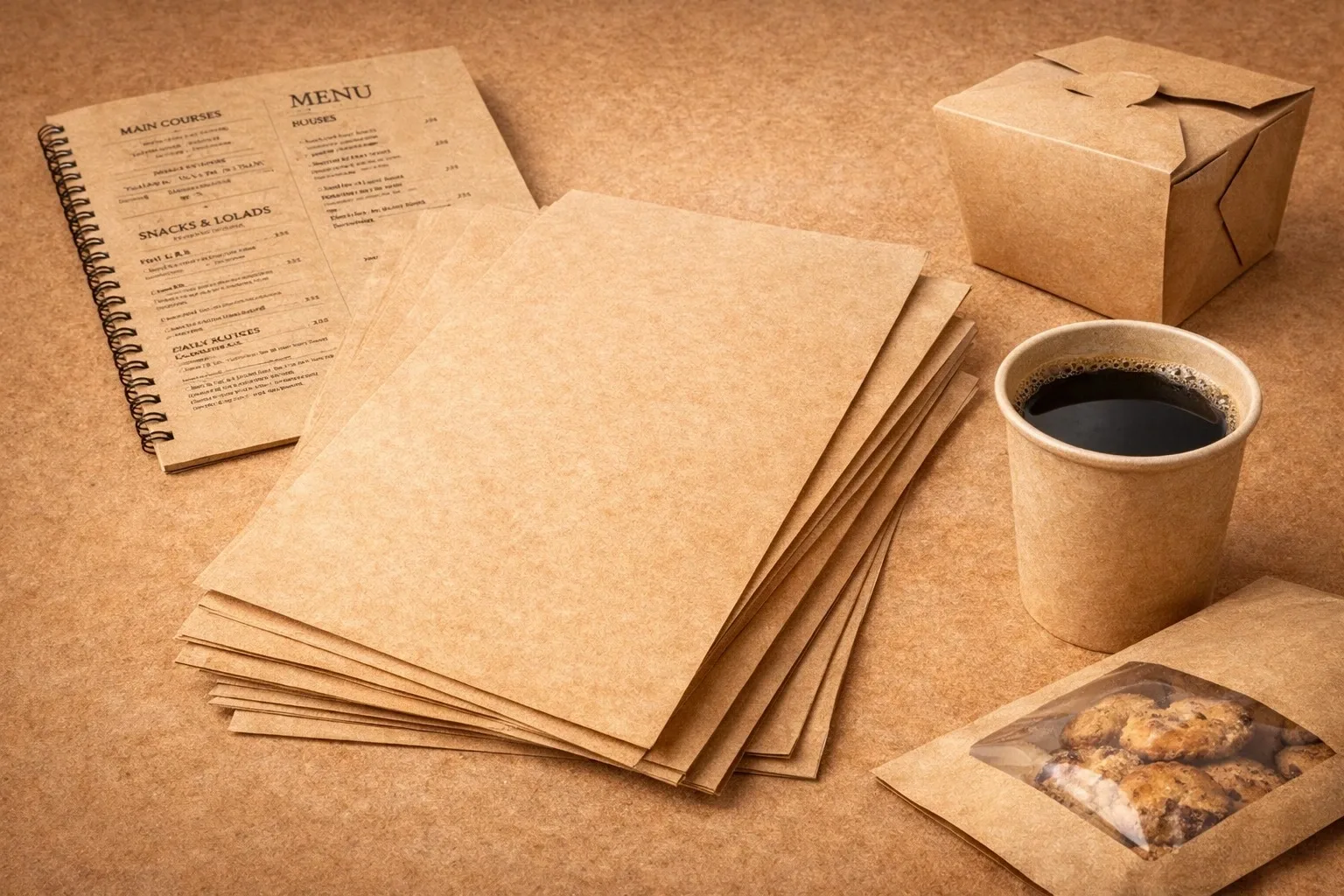 Eco-friendly kraft paper packaging products including paper sheets, coffee cups, takeaway boxes, and bakery bags