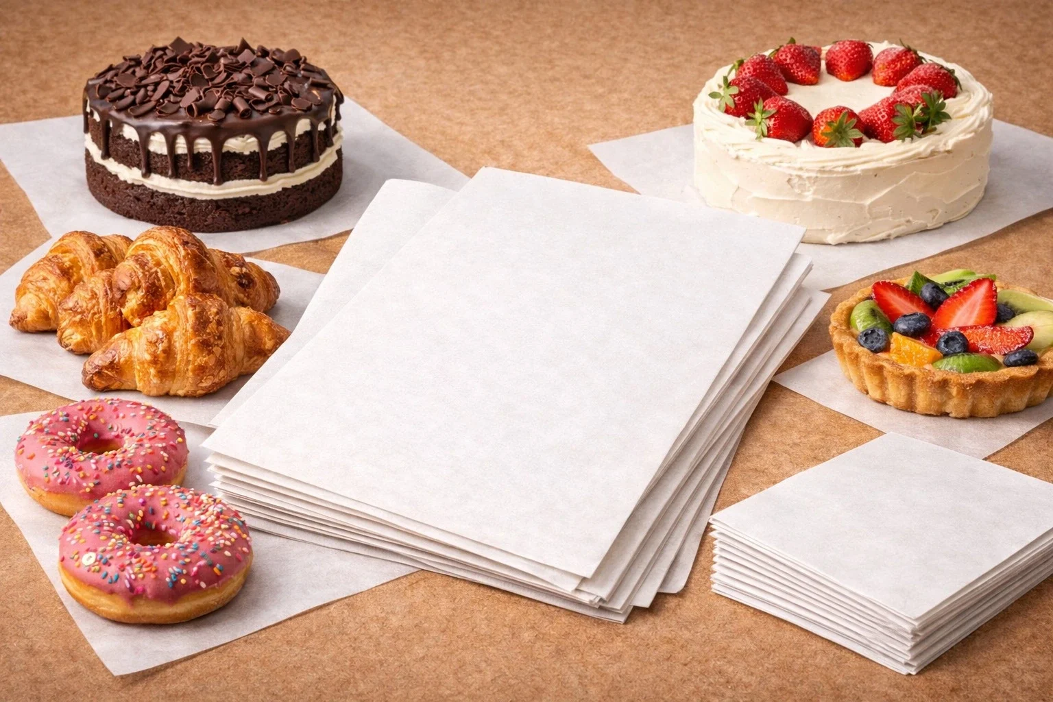 Greaseproof paper sheets for bakery packaging of cakes, pastries, donuts, croissants, and desserts