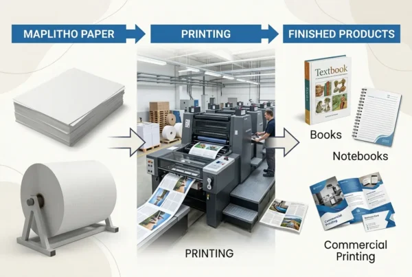 Maplitho paper printing process flow showing uncoated paper rolls, offset press machine, and finished textbooks, notebooks, and commercial prints