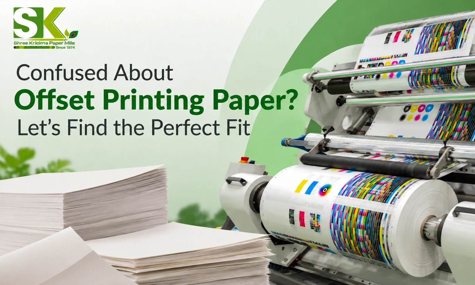 Modern offset printing machine with paper rolls and printed sheets