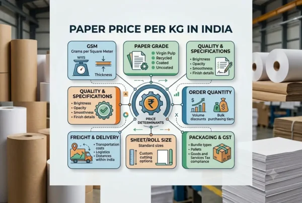 Paper Price Per Kg in India' displaying seven key pricing determinants—GSM, Paper Grade, Quality & Specifications, Order Quantity, Sheet/Roll Size, Freight & Delivery, and Packaging & GST