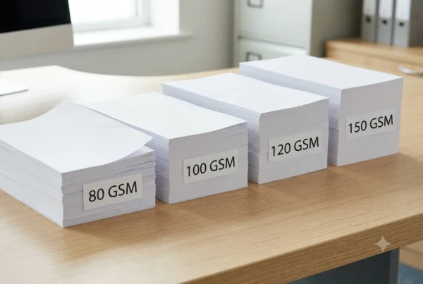 Four neat stacks of white printer paper are arranged side-by-side on a light-colored wooden desk